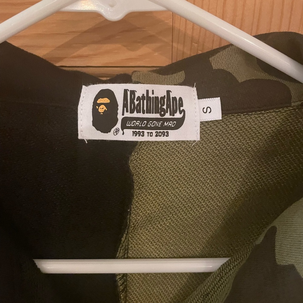 A Bathing Ape Camo Full Zip hoodie. Black and khaki, Shark Face.